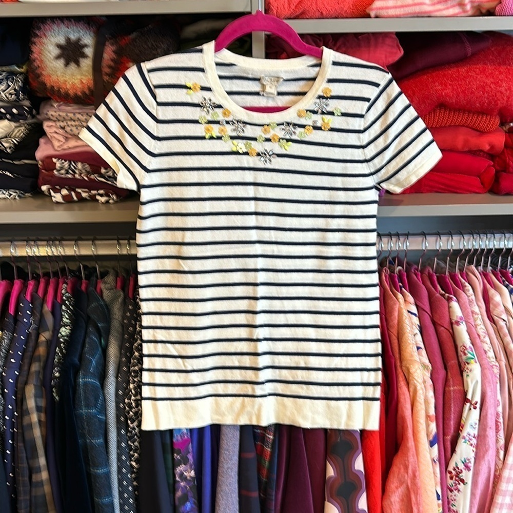 J Crew off white short sleeve navy striped with embellishments sweater XS NWT
